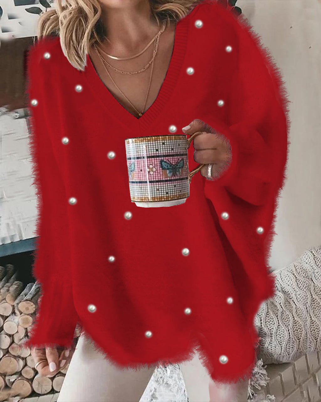 V Neck Long Sleeve Beaded Decor Oversized Sweater Fluffy Pullover Top