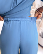 2 Pieces Outfit Turn-down Collar Turn-Up Sleeves Button Front Flap Pockets Design Top and Causal Zipper Fly Elastic Back Waist Wide Leg Pants Set