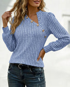 Button Decor Asymmetrical V-Neck Long Sleeve Ribbed Tee Casual Knit Brushed Top