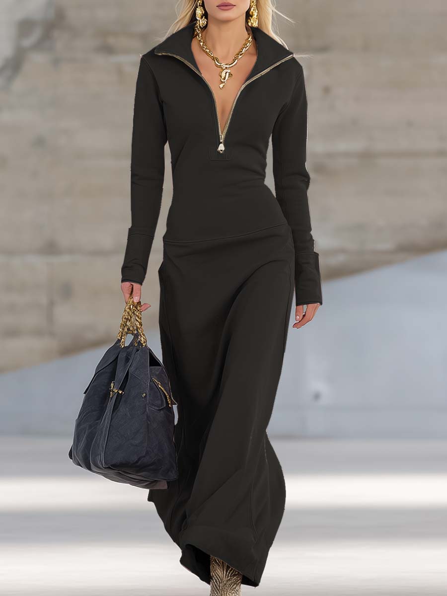 Elegant Retro Sporty V-neck Front Zipper Long-sleeved Pink Maxi Dress
