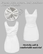 French Style Square Neck Backless Zipper Back Overalls Twist Back Ruched Slim Fit Slit Faux Two-Piece Skort Romper