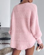 V Neck Long Sleeve Beaded Decor Oversized Sweater Fluffy Pullover Top