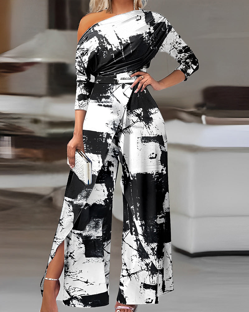 Tie Dye Print Skew Neck Wrapped Slit Wide Leg Jumpsuit