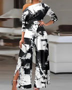 Tie Dye Print Skew Neck Wrapped Slit Wide Leg Jumpsuit