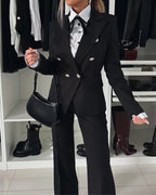 2 Pieces Outfit Notched Collar Double-Breasted Flap Detail Coat and Zipper Fly Elastic Back Waist Slim Fit Flared Pants Set Casual Blazer Set