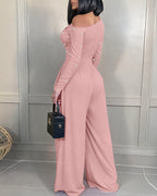 Pearls Decor Skew Neck Long Sleeve Cinched Waist Overalls Casual Ruched Zipper Back Wide Leg Jumpsuit