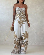 Palm Tree Print Bandeau Twist Front Backless Tie Back Overalls Casual Hollow-out Front Wide Leg Jumpsuit
