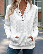 Long Sleeve Half Snap Buttons Front Drawstring Hoodie Sweatshirt Casual Kangaroo Pocket Drop Shoulder Cable Textured Top