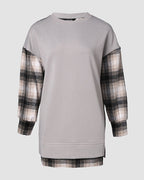 Plaid Print Spliced Long Sleeve Drop Shoulder Sweatshirt Casual Side Slit Top