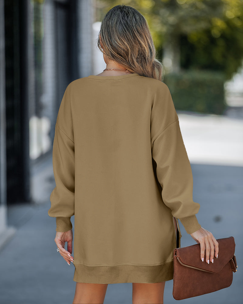 Letter Patch Detail Long Sleeve Drop Shoulder Pullover Sweatshirt Casual Zipper Side Slit Top