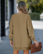 Letter Patch Detail Long Sleeve Drop Shoulder Pullover Sweatshirt Casual Zipper Side Slit Top