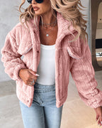 Textured Striped Turn-down Collar Button Front Elastic Cuff and Hem Teddy Fleece Jacket With Decorative Flap Pockets
