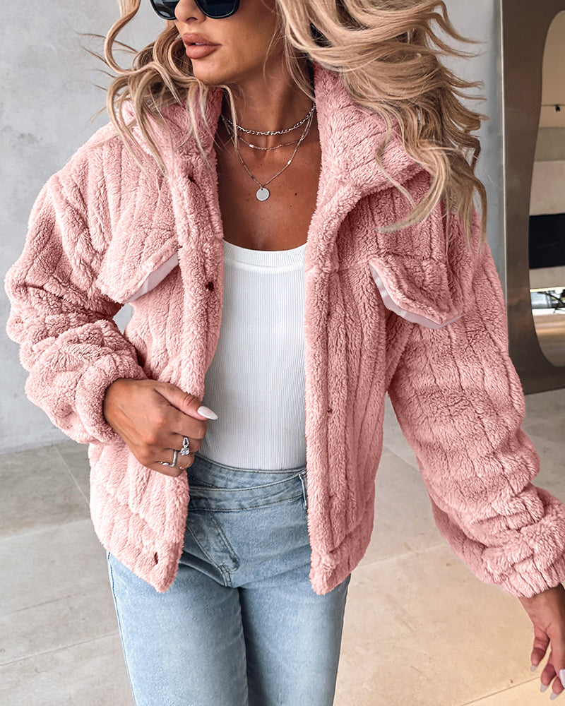 Textured Striped Turn-down Collar Button Front Elastic Cuff and Hem Teddy Fleece Jacket With Decorative Flap Pockets