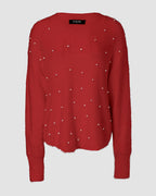 V Neck Long Sleeve Beaded Decor Oversized Sweater Fluffy Pullover Top