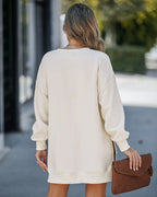 Letter Patch Detail Long Sleeve Drop Shoulder Pullover Sweatshirt Casual Zipper Side Slit Top