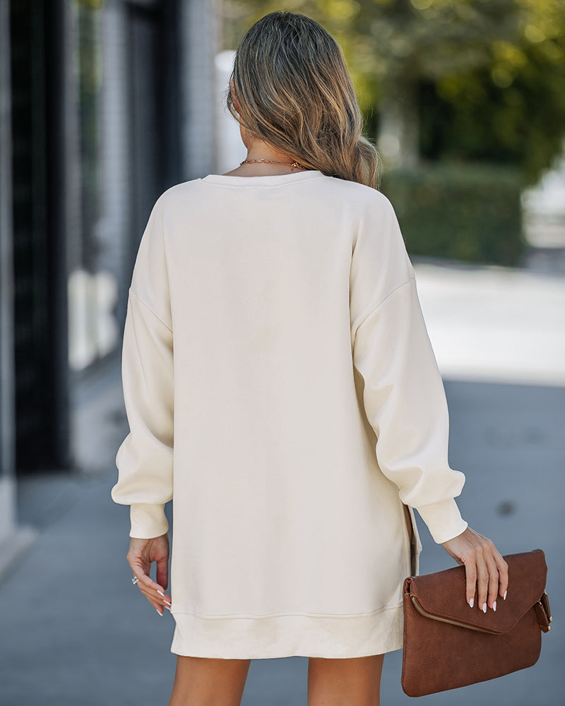 Letter Patch Detail Long Sleeve Drop Shoulder Pullover Sweatshirt Casual Zipper Side Slit Top