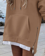 Long Sleeve Pocket Design Pullover Sweatshirt Casual Faux Two Piece Longline Drawstring Hooded Top