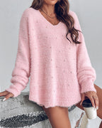 V Neck Long Sleeve Beaded Decor Oversized Sweater Fluffy Pullover Top