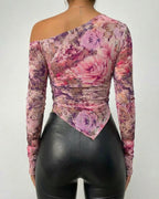 Floral Print Skew Neck Long Sleeve Asymmetrical Hem Tee Slim Fit Side Ruched Sheer Mesh Top with Thumb Hole Cuffs & Lining