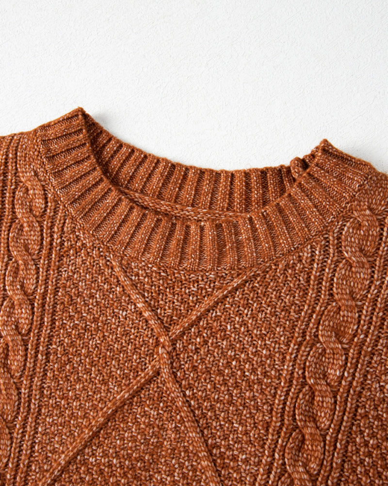 Round Neck Long Sleeve Drop Shoulder Pullover Sweater Casual Loose Fit Cable Knit Mid Length Sweater