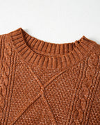 Round Neck Long Sleeve Drop Shoulder Pullover Sweater Casual Loose Fit Cable Knit Mid Length Sweater