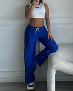 Contrast Side Striped & Zipper Slit Side Drawstring Elastic Waist Trousers Casual Wide Leg Pants