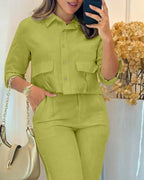 2 Pieces Outfit Turn-down Collar Turn-Up Sleeves Button Front Flap Pockets Design Top and Causal Zipper Fly Elastic Back Waist Wide Leg Pants Set