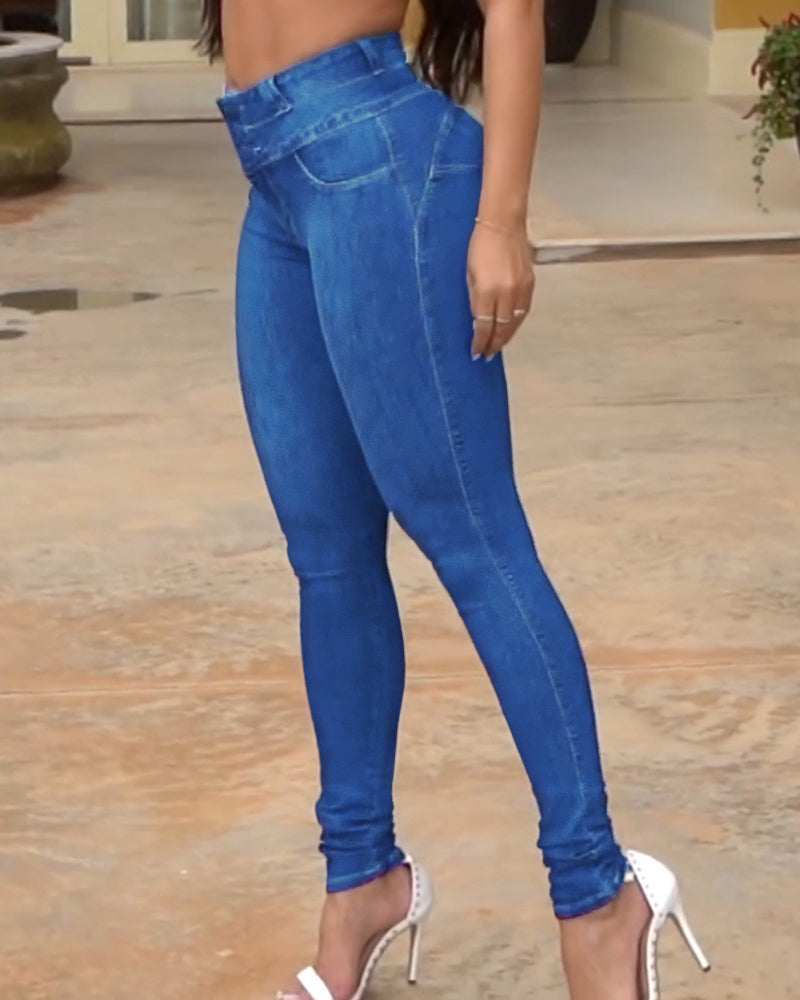 Front Button Zipper Fly High Waist Butt Lifting Skinny Denim Jeans Casual Pants