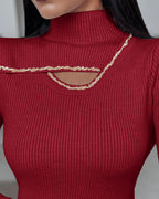 High Neck Long Sleeve Beaded Knit Sweater Hollow-out Fleece Lined Basic Layering Soft Versatile Thermal Top