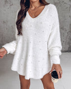 V Neck Long Sleeve Beaded Decor Oversized Sweater Fluffy Pullover Top