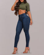 Front Button Zipper Fly High Waist Butt Lifting Skinny Denim Jeans Casual Pants