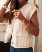 V-Neck Sleeveless Button Front Knit Vest Casual Loose Fit Sweater Top with Pockets