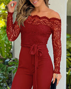 Off Shoulder Long Sleeve Eyelash Lace Spliced Slim Fit Overalls Casual Zipper Back Jumpsuit with Belt