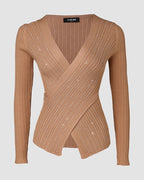 Rhinestone Decor Overlap V Neck Long Sleeve Knit Sweater Asymmetrical Hem Slim Fit Textured Pullover Top