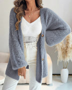V-Neck Single Breasted Fuzzy Cardigan Casual Minimalist Sweater Coat