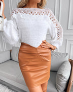 Crewneck Guipure Lace Long Sleeve Hollow Out Knit Sweaters Pullover Tops