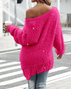 V-Neck Long Sleeve Sweater Fringe Pullover Casual Tassel Fall Winter Top