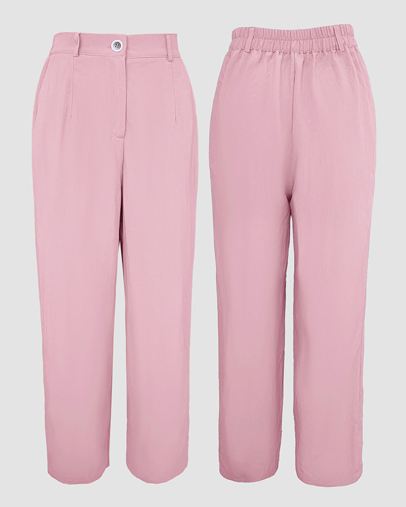 2 Pieces Outfit Turn-down Collar Turn-Up Sleeves Button Front Flap Pockets Design Top and Causal Zipper Fly Elastic Back Waist Wide Leg Pants Set