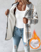 Plaid Pattern Long Sleeve Shacket Button Down Fleece Lined Hooded Jackets Warm Coat