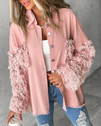 Sequin Decor Turn-down Collar Button Front Pockets Design Denim Coat Casual Fuzzy Spliced Raw Trim Shacket