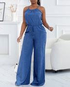 Womens Spaghetti Strap Drawstring Tied Waist Jumpsuit Casual Overalls