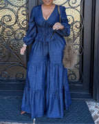 Two-Piece Set Faux Denim Lantern Sleeve Plunge V Neck Lace Up Top and Casua Wide Leg Flared Pants Set