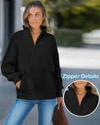 High Neck Half Zip Long Sleeve Kangaroo Pocket Sweatshirt Casual Drop Shoulder Top