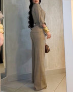 2 Pieces Outfit Vintage Turn-down Collar Roll Up Sleeve Button Front Flap Pocket Design Waist Drawstring Top and Elastic Waist Wide Leg Pants Set Casual Textured Commuting Set