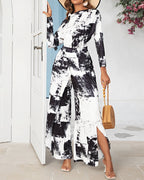 Tie Dye Print Skew Neck Wrapped Slit Wide Leg Jumpsuit
