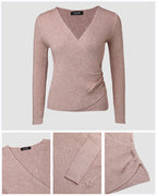 Overlap V-Neck Ruched Side Button Decor Knit Sweater Slim Fit Ribbed Pullover Top