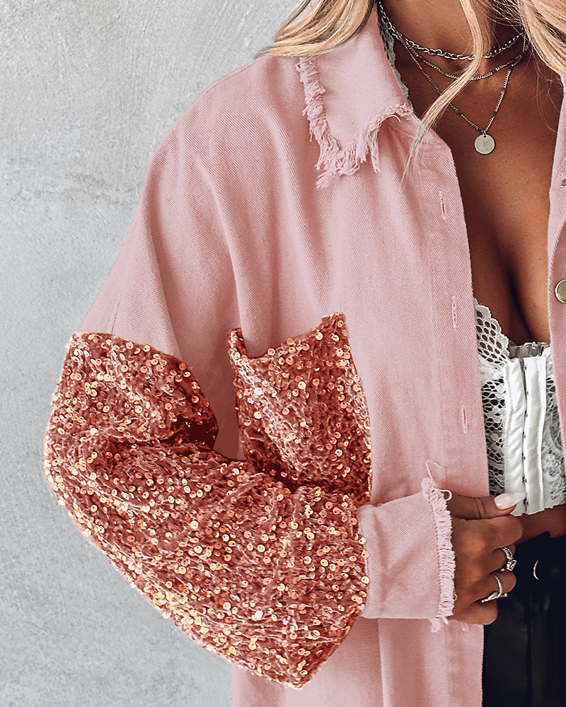 Casual Jacket Sequin Patchwork Long Sleeve Jacket Top Button Front Raw Hem Oversized Denim Shacket
