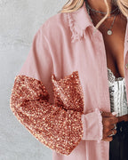 Casual Jacket Sequin Patchwork Long Sleeve Jacket Top Button Front Raw Hem Oversized Denim Shacket