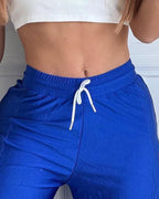 Contrast Side Striped & Zipper Slit Side Drawstring Elastic Waist Trousers Casual Wide Leg Pants