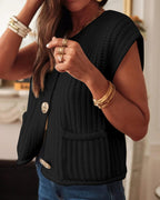 V-Neck Sleeveless Button Front Knit Vest Casual Loose Fit Sweater Top with Pockets